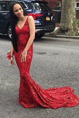 Mermaid Deep V-neck Spaghetti Strap Floor Length Chapel Paillette Evening Dress-Ballbella