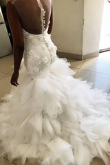 Mermaid Floral Appliques Ruffless Wedding Dresses Sheer Tulle Backless Sleeveless Bridal Gowns-Ballbella