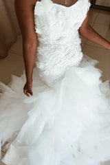 Mermaid Floral Appliques Ruffless Wedding Dresses Sheer Tulle Backless Sleeveless Bridal Gowns-Ballbella