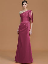 Mermaid Gorgeous One Shoulder Sleeveless Ruched Satin Bridesmaid Dresses-Ballbella