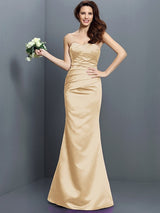 Mermaid Gorgeous Strapless Pleats Sleeveless Long Satin Bridesmaid Dresses-Ballbella