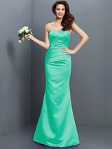 Mermaid Gorgeous Strapless Pleats Sleeveless Long Satin Bridesmaid Dresses-Ballbella