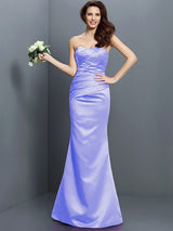 Mermaid Gorgeous Strapless Pleats Sleeveless Long Satin Bridesmaid Dresses-Ballbella