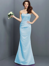 Mermaid Gorgeous Strapless Pleats Sleeveless Long Satin Bridesmaid Dresses-Ballbella