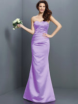 Mermaid Gorgeous Strapless Pleats Sleeveless Long Satin Bridesmaid Dresses-Ballbella