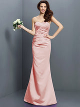 Mermaid Gorgeous Strapless Pleats Sleeveless Long Satin Bridesmaid Dresses-Ballbella