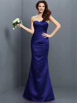Mermaid Gorgeous Strapless Pleats Sleeveless Long Satin Bridesmaid Dresses-Ballbella