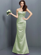 Mermaid Gorgeous Strapless Pleats Sleeveless Long Satin Bridesmaid Dresses-Ballbella