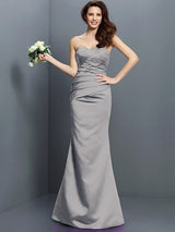 Mermaid Gorgeous Strapless Pleats Sleeveless Long Satin Bridesmaid Dresses-Ballbella