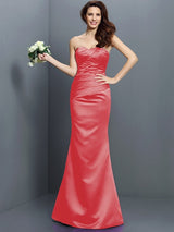 Mermaid Gorgeous Strapless Pleats Sleeveless Long Satin Bridesmaid Dresses-Ballbella