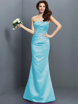 Mermaid Gorgeous Strapless Pleats Sleeveless Long Satin Bridesmaid Dresses-Ballbella