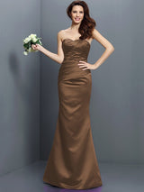 Mermaid Gorgeous Strapless Pleats Sleeveless Long Satin Bridesmaid Dresses-Ballbella