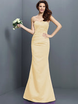 Mermaid Gorgeous Strapless Pleats Sleeveless Long Satin Bridesmaid Dresses-Ballbella