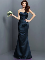 Mermaid Gorgeous Strapless Pleats Sleeveless Long Satin Bridesmaid Dresses-Ballbella