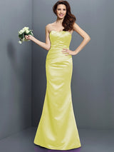 Mermaid Gorgeous Strapless Pleats Sleeveless Long Satin Bridesmaid Dresses-Ballbella