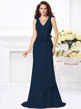 Mermaid Gorgeous V-neck Hand-Made Flower Sleeveless Long Chiffon Bridesmaid Dresses-Ballbella