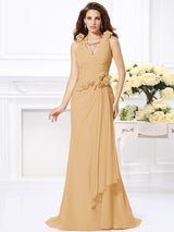 Mermaid Gorgeous V-neck Hand-Made Flower Sleeveless Long Chiffon Bridesmaid Dresses-Ballbella