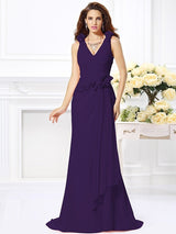 Mermaid Gorgeous V-neck Hand-Made Flower Sleeveless Long Chiffon Bridesmaid Dresses-Ballbella