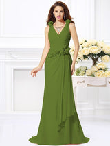 Mermaid Gorgeous V-neck Hand-Made Flower Sleeveless Long Chiffon Bridesmaid Dresses-Ballbella