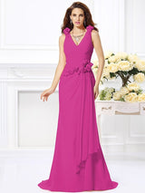 Mermaid Gorgeous V-neck Hand-Made Flower Sleeveless Long Chiffon Bridesmaid Dresses-Ballbella