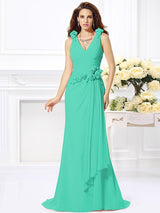 Mermaid Gorgeous V-neck Hand-Made Flower Sleeveless Long Chiffon Bridesmaid Dresses-Ballbella