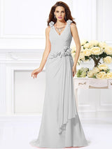 Mermaid Gorgeous V-neck Hand-Made Flower Sleeveless Long Chiffon Bridesmaid Dresses-Ballbella