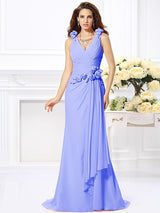 Mermaid Gorgeous V-neck Hand-Made Flower Sleeveless Long Chiffon Bridesmaid Dresses-Ballbella