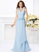 Mermaid Gorgeous V-neck Hand-Made Flower Sleeveless Long Chiffon Bridesmaid Dresses-Ballbella