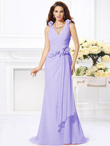 Mermaid Gorgeous V-neck Hand-Made Flower Sleeveless Long Chiffon Bridesmaid Dresses-Ballbella
