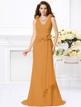 Mermaid Gorgeous V-neck Hand-Made Flower Sleeveless Long Chiffon Bridesmaid Dresses-Ballbella