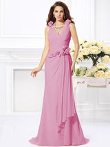Mermaid Gorgeous V-neck Hand-Made Flower Sleeveless Long Chiffon Bridesmaid Dresses-Ballbella