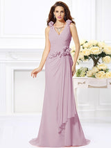 Mermaid Gorgeous V-neck Hand-Made Flower Sleeveless Long Chiffon Bridesmaid Dresses-Ballbella
