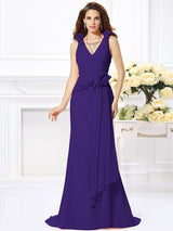 Mermaid Gorgeous V-neck Hand-Made Flower Sleeveless Long Chiffon Bridesmaid Dresses-Ballbella