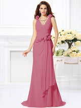 Mermaid Gorgeous V-neck Hand-Made Flower Sleeveless Long Chiffon Bridesmaid Dresses-Ballbella