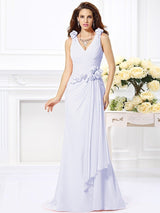 Mermaid Gorgeous V-neck Hand-Made Flower Sleeveless Long Chiffon Bridesmaid Dresses-Ballbella