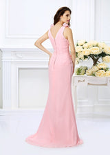 Mermaid Gorgeous V-neck Hand-Made Flower Sleeveless Long Chiffon Bridesmaid Dresses-Ballbella