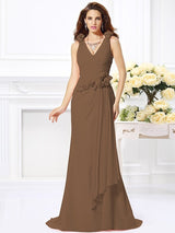Mermaid Gorgeous V-neck Hand-Made Flower Sleeveless Long Chiffon Bridesmaid Dresses-Ballbella