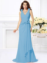 Mermaid Gorgeous V-neck Hand-Made Flower Sleeveless Long Chiffon Bridesmaid Dresses-Ballbella