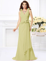 Mermaid Gorgeous V-neck Hand-Made Flower Sleeveless Long Chiffon Bridesmaid Dresses-Ballbella