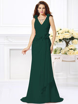 Mermaid Gorgeous V-neck Hand-Made Flower Sleeveless Long Chiffon Bridesmaid Dresses-Ballbella