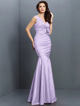 Mermaid Gorgeous V-neck Hand-Made Flower Sleeveless Long Taffeta Bridesmaid Dresses-Ballbella