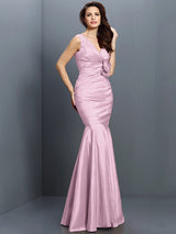 Mermaid Gorgeous V-neck Hand-Made Flower Sleeveless Long Taffeta Bridesmaid Dresses-Ballbella