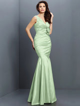 Mermaid Gorgeous V-neck Hand-Made Flower Sleeveless Long Taffeta Bridesmaid Dresses-Ballbella