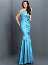 Mermaid Gorgeous V-neck Hand-Made Flower Sleeveless Long Taffeta Bridesmaid Dresses-Ballbella