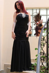 Mermaid Halter Floor Length Chiffon Backless Rhinestone Evening Dress-Ballbella