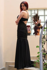 Mermaid Halter Floor Length Chiffon Backless Rhinestone Evening Dress-Ballbella
