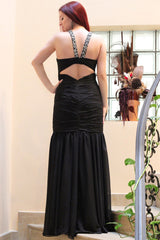 Mermaid Halter Floor Length Chiffon Backless Rhinestone Evening Dress-Ballbella