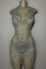 Mermaid Halter Sequined Jersey Beading Sleeveless Mini Rhinestone Party Dress-Ballbella
