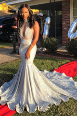 Mermaid Halter Sleeveless Floor-Length Prom Party Gowns-Ballbella