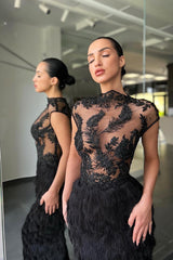 Mermaid High Neck Floor-length Cap Sleeve Appliques Lace with Feather Prom Dress-Ballbella